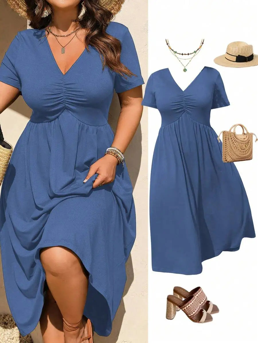 Black V-Neck Ruched Short Sleeve A-Line Midi Dress for Women