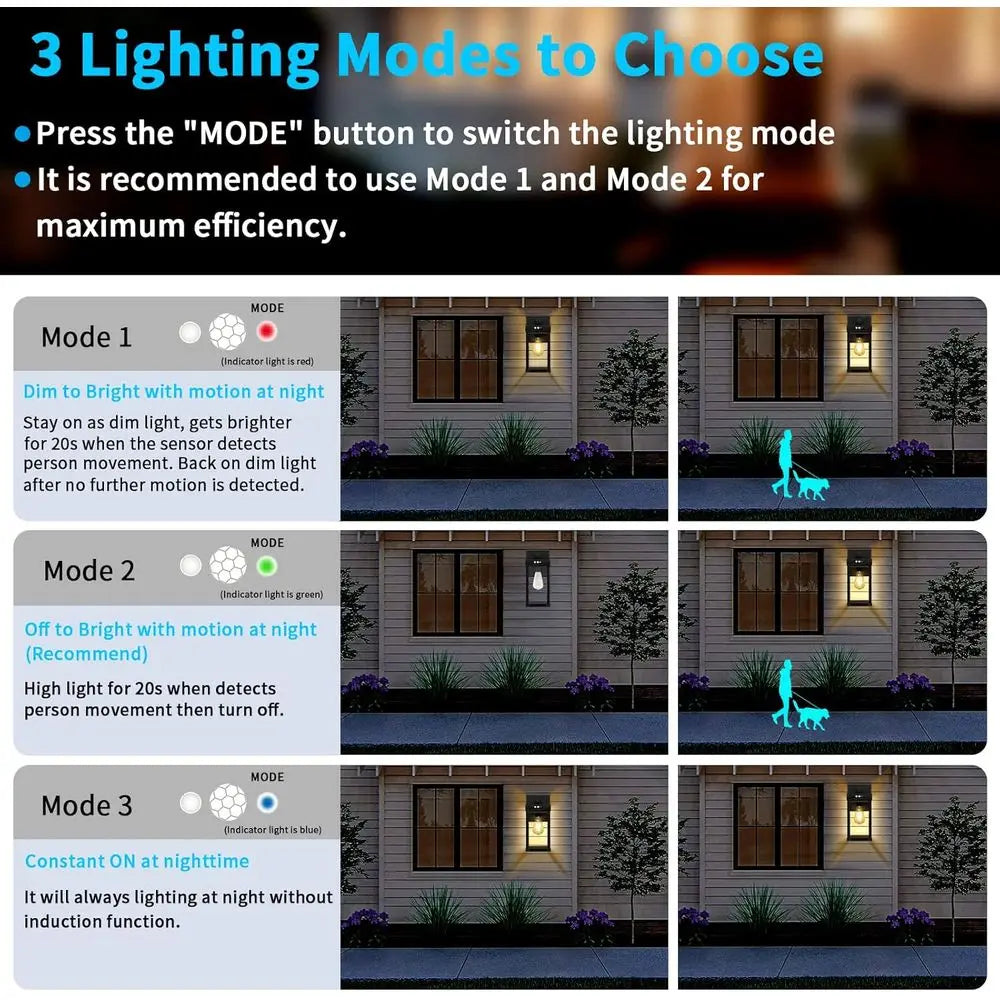 Outdoor Wall Lights with 3 Lighting Modes & Motion Sensor, Porch Light with 2 Bulbs, Waterproof Outdoor Wall Sconce Lantern Fixt