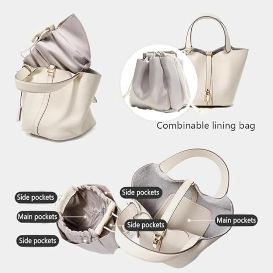 Genuine Leather Bucket Bag for Women: Lock Design Shoulder Handbag Versatile Top-Handle Tote Fashionable Vegetable Basket