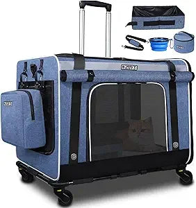 Extra Large Cat Carrier with Wheels and Litter Box, 24x17x17 Rolling Soft Carrier for Pets up to 55LBS with 5 Breathable Mesh