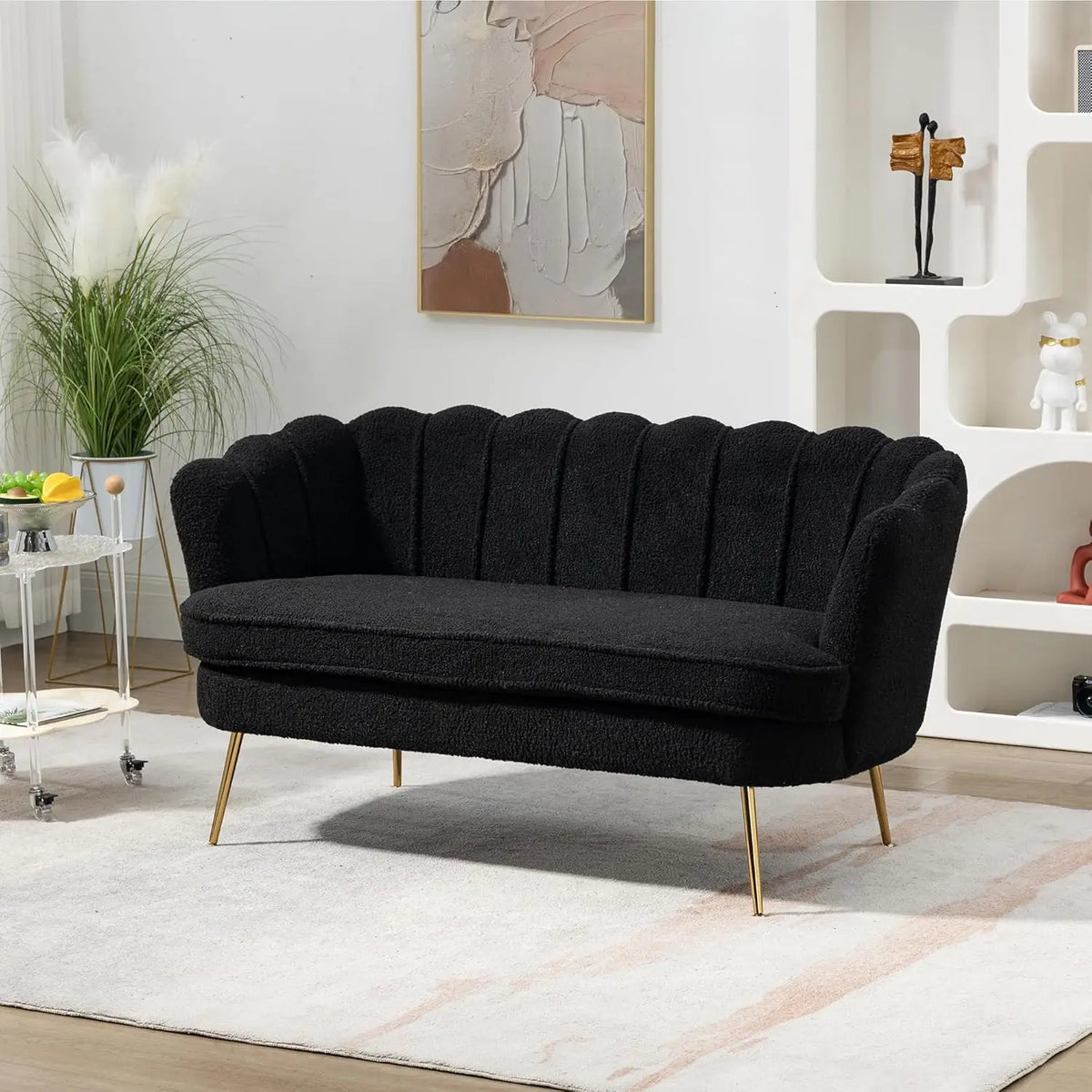 59" Modern Boucle Loveseat 2-Seater Sofa Gold Metal Legs Small Space Office Studio Apartment Black, Customized