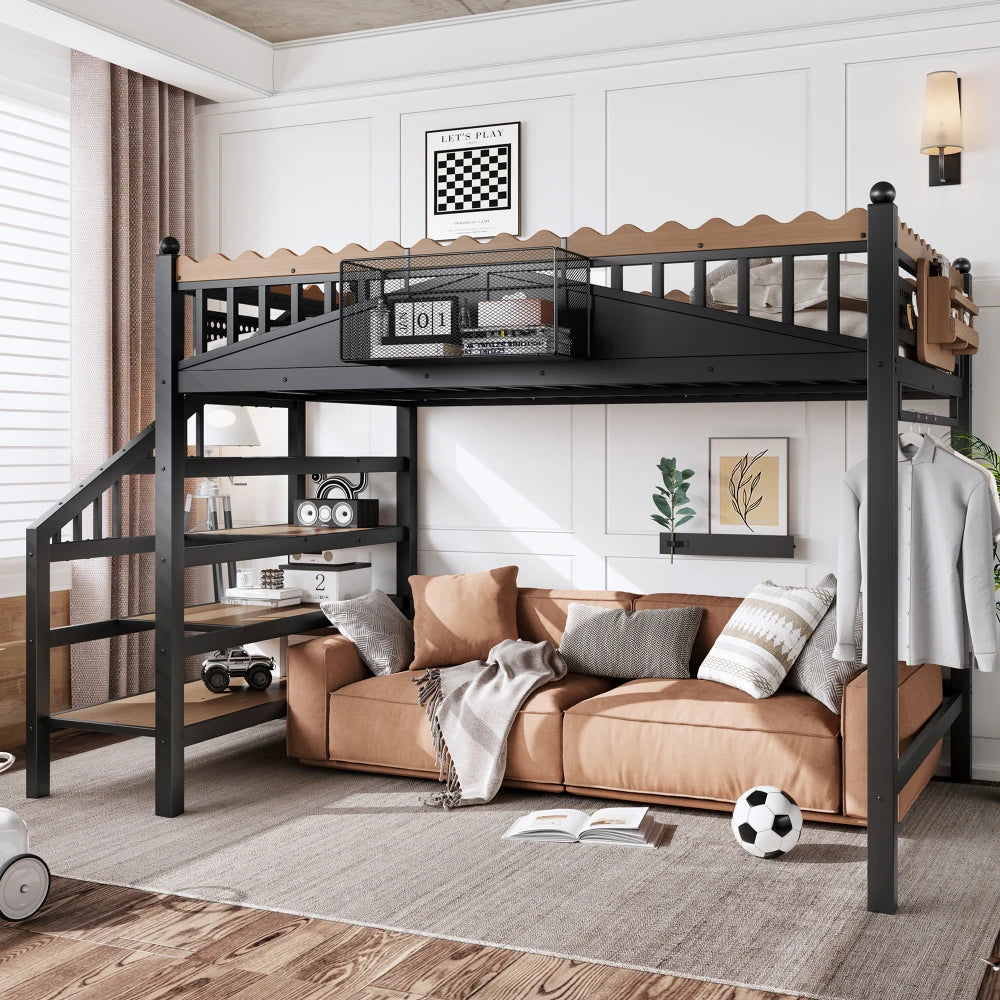Full Size Loft Bed with Storage Stairs, Metal Loft Beds Frame with Storage Shelves and bookshelf, Loft Bed for Bedroom, Guest