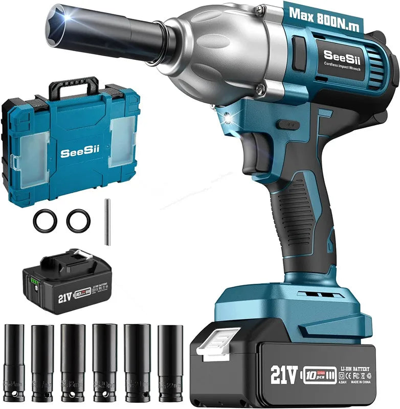 Seesii WH710 Brushless Electric Impact Wrench Cordless 1/2" for Car Home 800N.m 3300RPM High Torque Gun 6 Sockets Repair Tool
