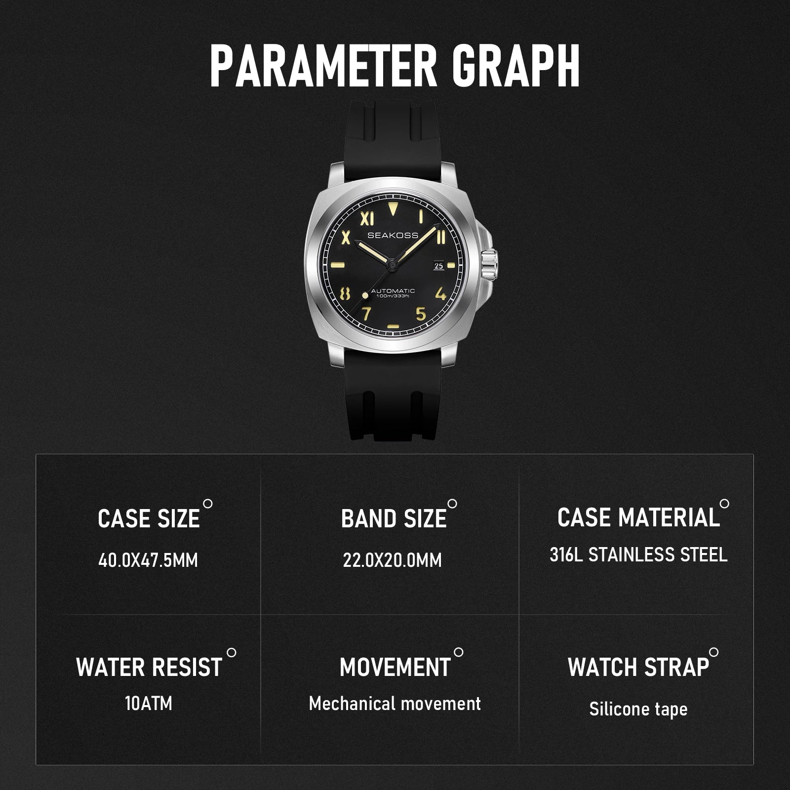 SEAKOSS 10ATM Men's Diving Watch Seagull ST1612 Movement Automatic  Watches for Men Luminous Calendar Sapphire Stainless Steel