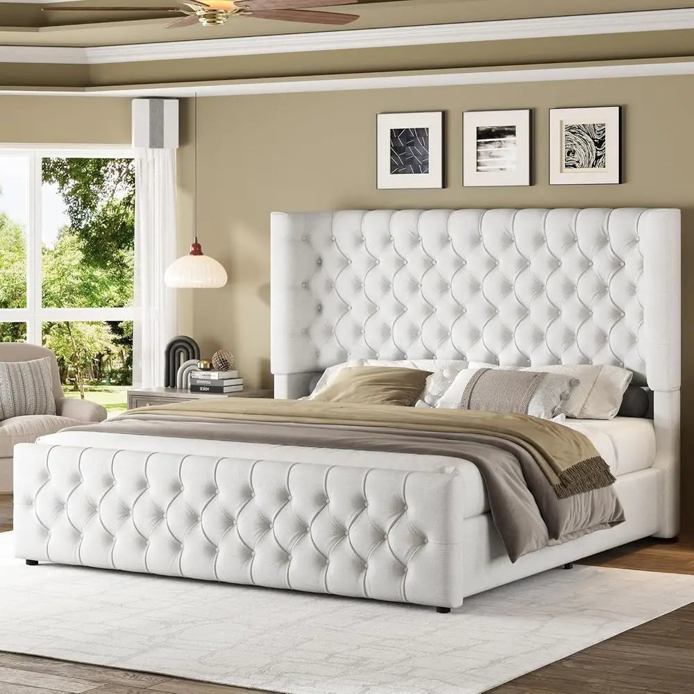 Queen Size Platform Bed with 6.3 Thick Upholstered Wingback Headboard, Deep Button Tufting, Easy Assembly, No Box Spring Needed,