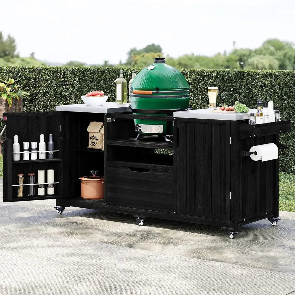 66.5 Stainless Steel Top Wood Outdoor Kitchen Island with Rolling Cart, Storage, Spice & Towel Racks