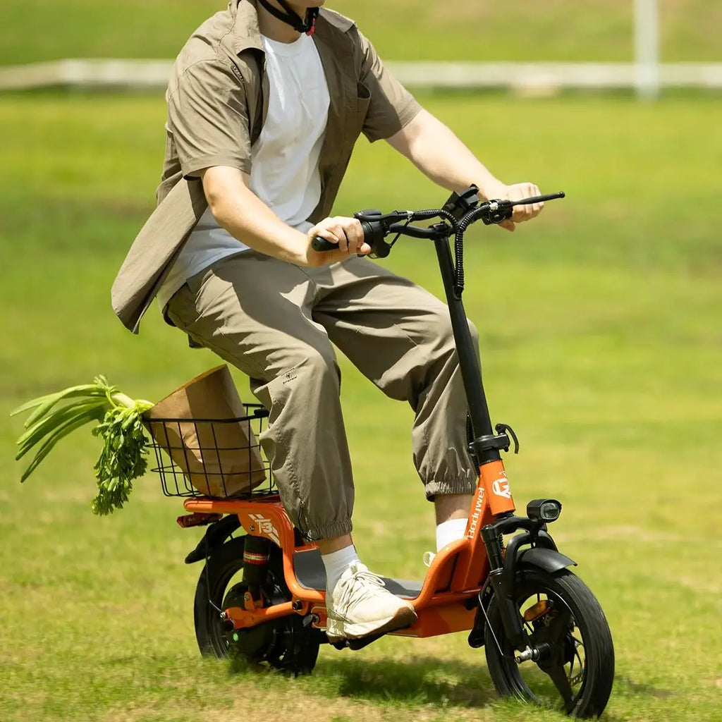 Bodywel T3 Electric Bike for Adults Electric Scooter with Seat, 14" Fat Tire E-bike, 500W 48V 9AH,Foldable ebike with Basket
