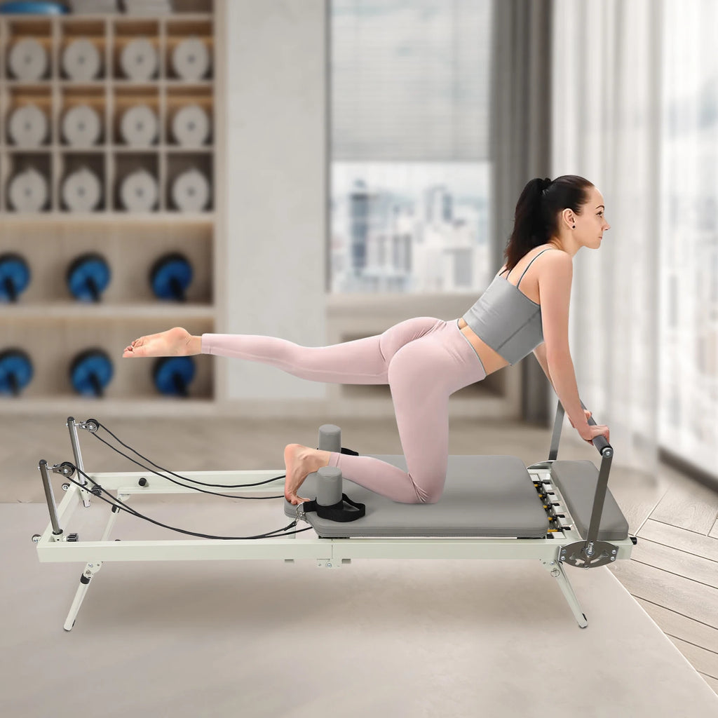 Pilates Reformer, Foldable Reformer Pilates Machine for Home Use, with Dual Resistance- Springs and Cords, Pilates Equipment