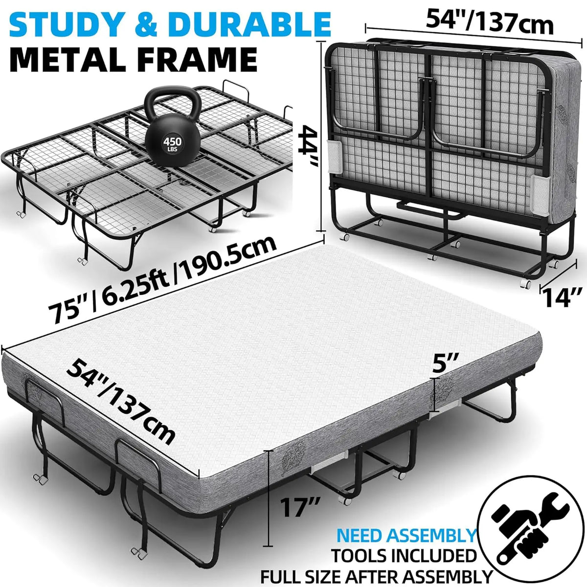 Folding Bed With Mattress Full Size 75 X 54 Inch For Adults Extra Large Foldable Rollaway Portable Fold Up Guest, Customized