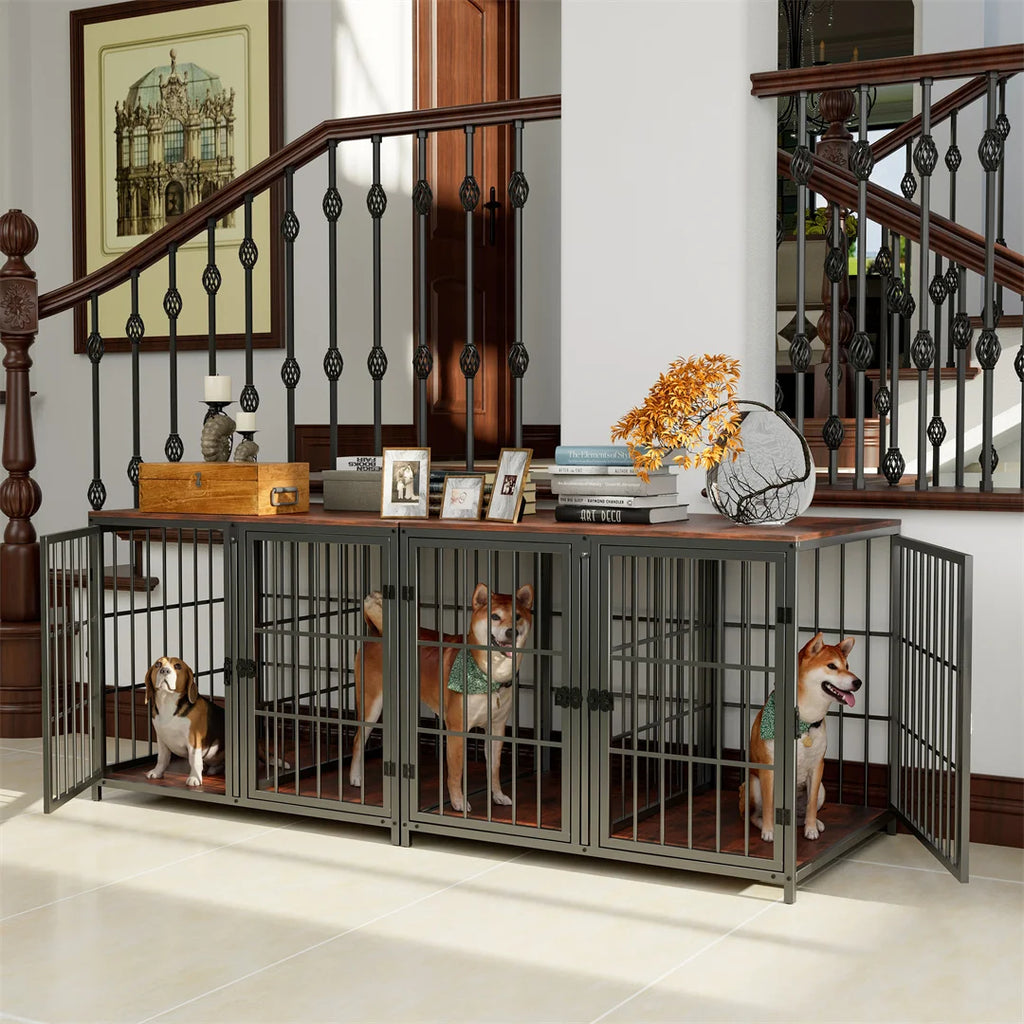 Heavy Duty Wooden Dog Crate Furniture Side Table,Pet Kennel with 4 Doors & Lock Latches for Small/Medium Dogs