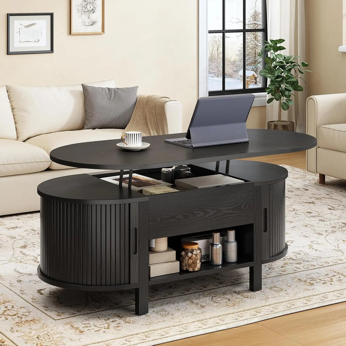 43.3" Oval Lift Top Coffee Table with Hidden Compartment, Fluted Wood Coffee Table with Sliding Door,Customized