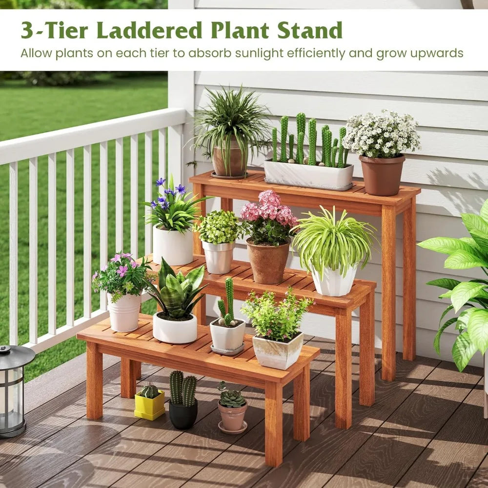 Wooden Plant Stand Set of 3, Outdoor Indoor Solid Wood Flower Pot Holder Display Shelf w/ Teak Oil Finish, Slatted Top, Rustic