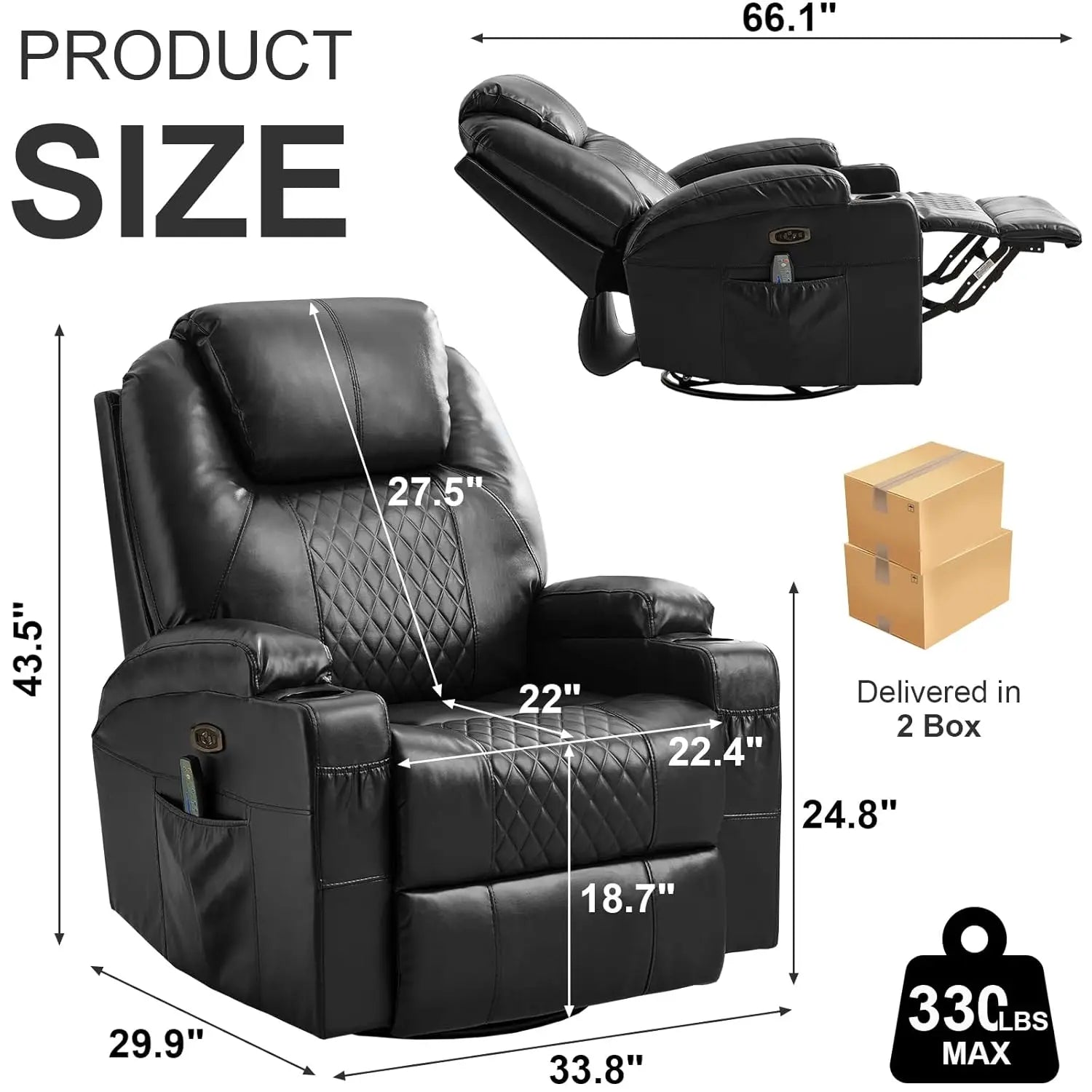 Power Swivel Rocker Recliner Chair with Heat and Massage, LED Lights, USB-A and USB-C Ports, Electric Glider, Customized