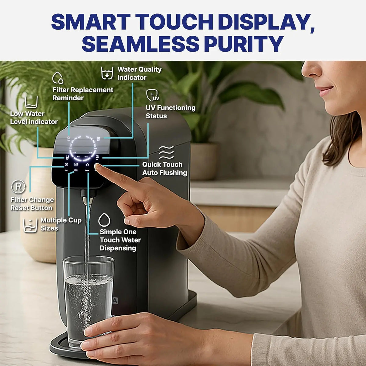 8-Stage Reverse Osmosis Water Filter System with UV, Touch Display & Multi Cup Sizes for Clean Drinking Water
