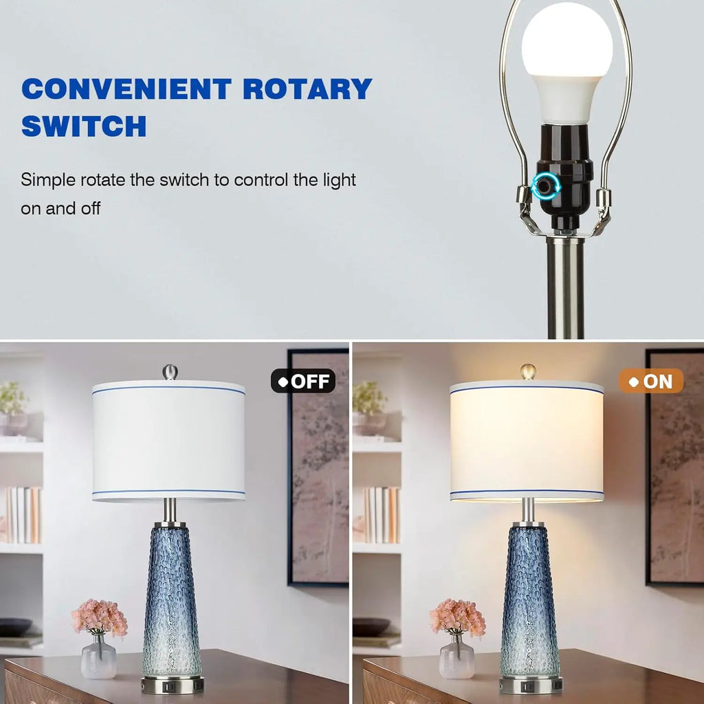 26" Coastal Glass Table Lamp with USB Ports & AC Outlet, Touch Control Night Light for Living Room or Bedside