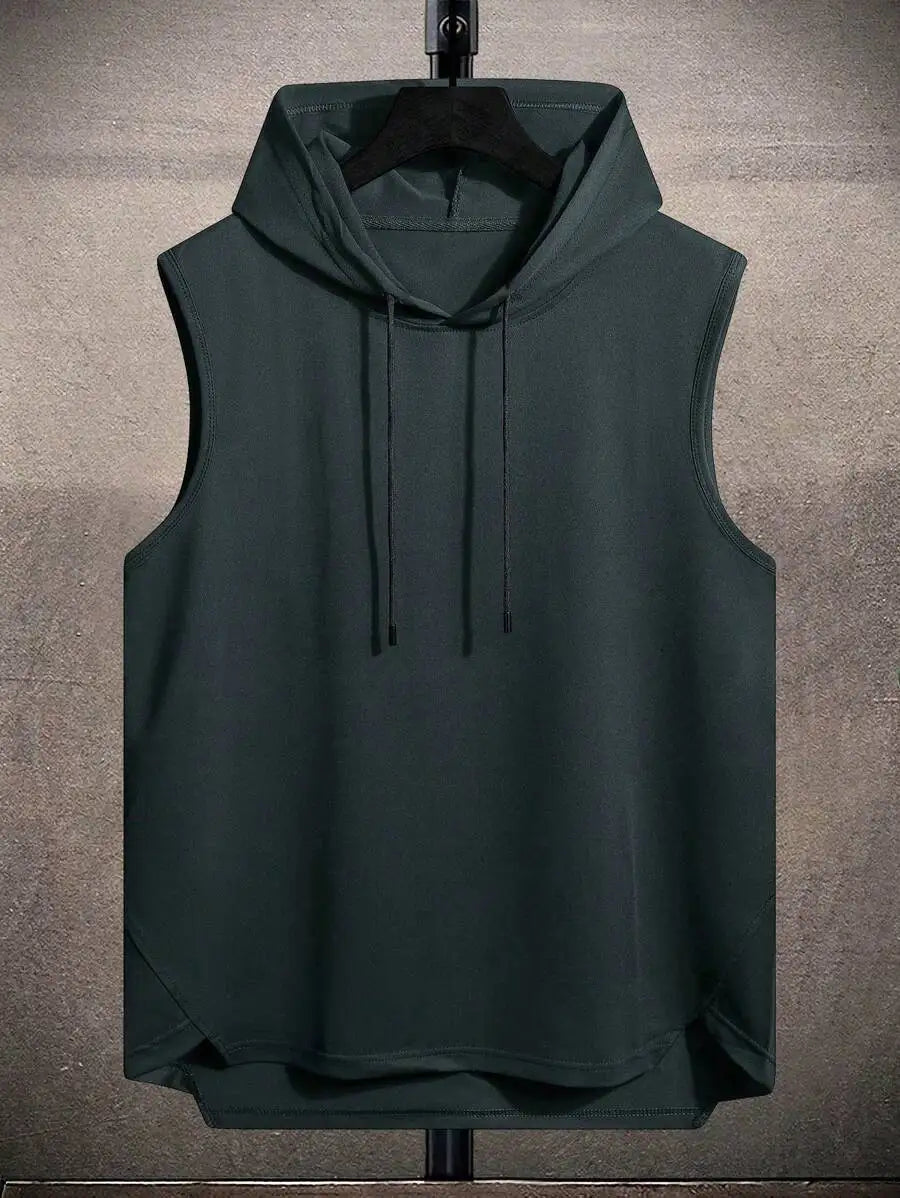 Men's Black Sleeveless Hooded Tank Top with Drawstring and High-Low Hem