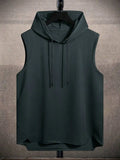 Men's Black Sleeveless Hooded Tank Top with Drawstring and High-Low Hem