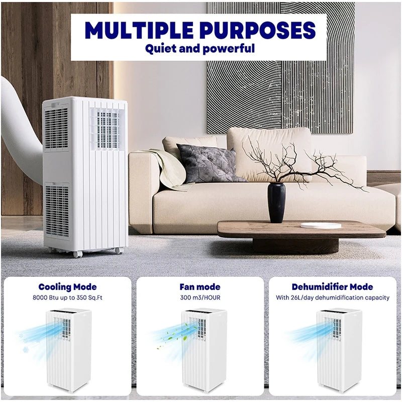 3-In-1 Portable Air Conditioner With 8000 BTU Cooling Dehumidifying & Fan Remote Control Enhanced Air Quality for Home