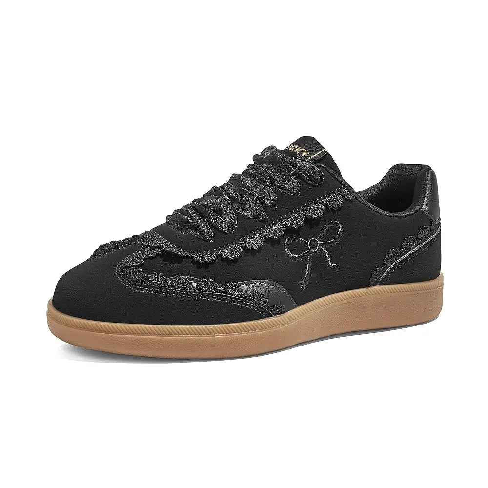 Women’s Lace Detail Casual Sneakers Organza Ribbon Lace-Up Fashion Vintage Gum Sole Trendy Cute Shoes