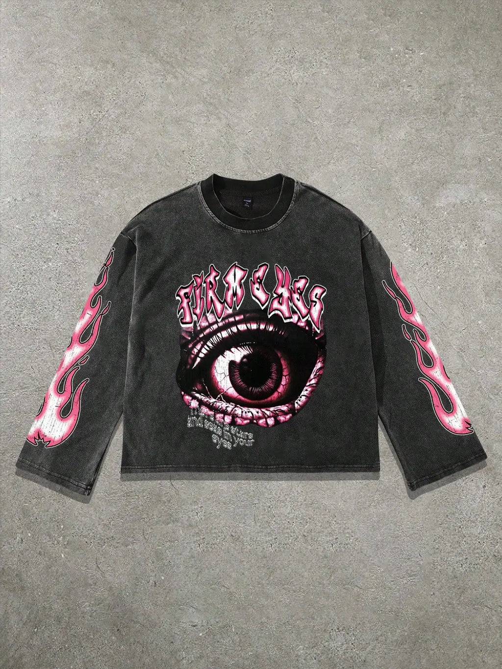 Distressed Black Long Sleeve Tee with Graphic Eye & Pink Flame Print, Gothic Y2K Style