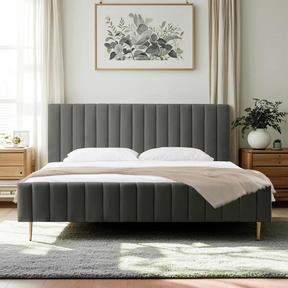King Size Elton Velvet Platform Bed, Upholstered Bed Frame with Vertical Channel Tufted Headboard Footboard, Customized