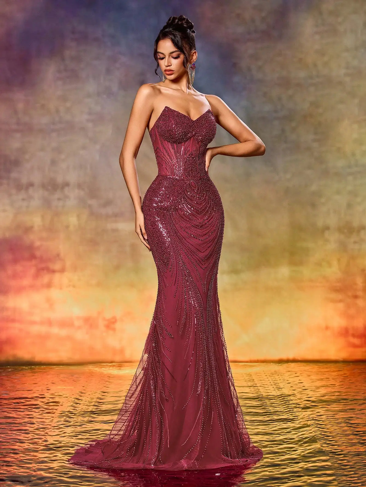Elegant Strapless Beaded Mermaid Evening Gown For Formal Party Wedding Guest