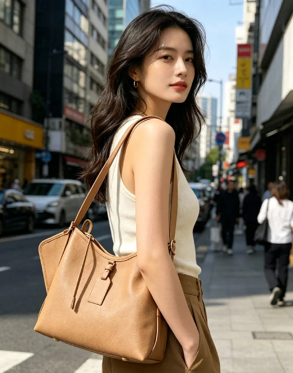 Casual Light Brown Soft Leather Tote Bag for Women Large Capacity Shoulder Purse for Work Commute and Weekend Trips