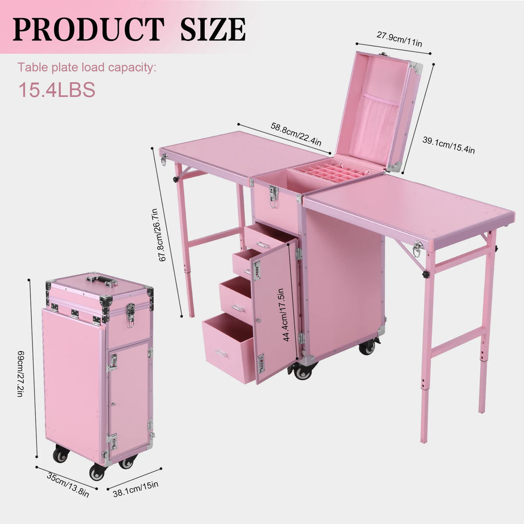 Foldable Rolling Manicure Table with Wheel & Drawers Rolling Nail Technician Workstation Large Capacity for Nails Tech & Salon