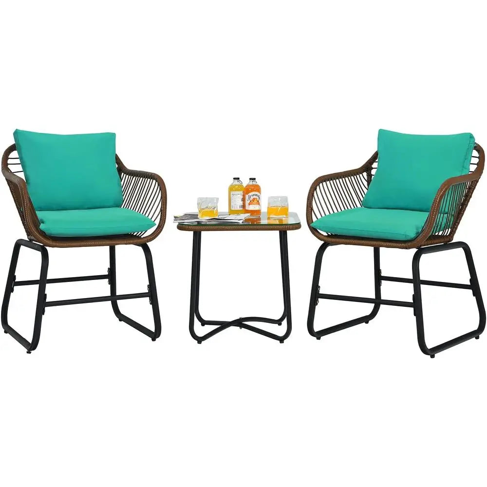 3-Piece Outdoor Cushioned Rattan Bistro Set with Glass Top Table in Turquoise