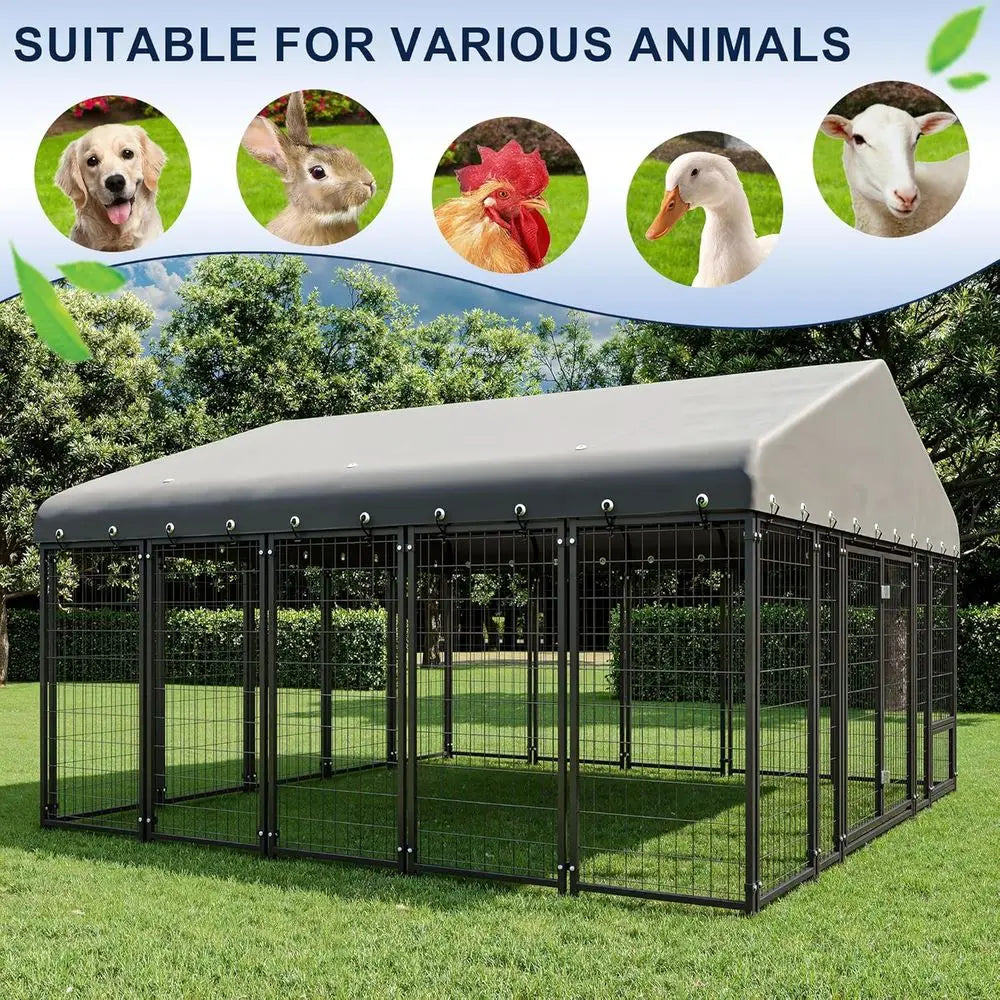 Large Outdoor Dog Kennel - 10x10 Heavy Duty Galvanized Steel Enclosure with Roof & Double Lock