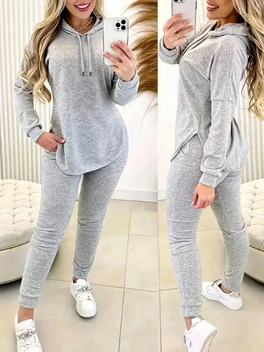 Gray 2-Piece Hooded Lounge Set with Drawstring Waist, Loose Fit Long Sleeve Top & Joggers