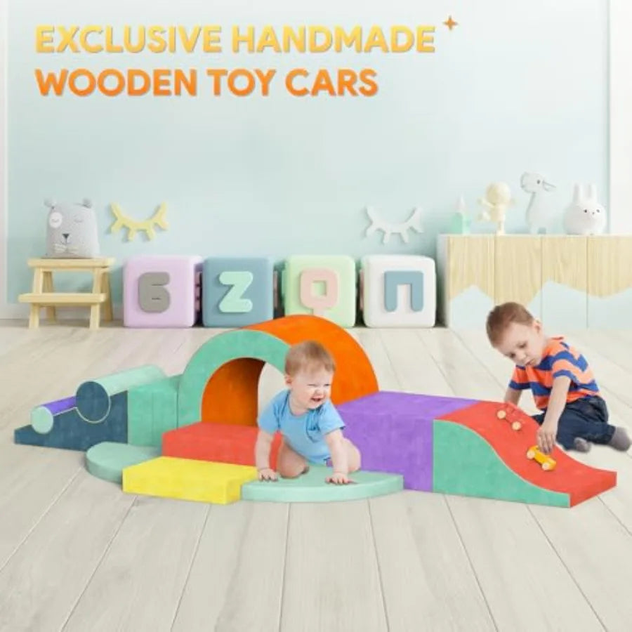 Foam Climbing Blocks for Toddlers 12 PCS Colourful Toddler Climbing Toys Indoor Soft Play Set with Toy Car Flexible Crawling