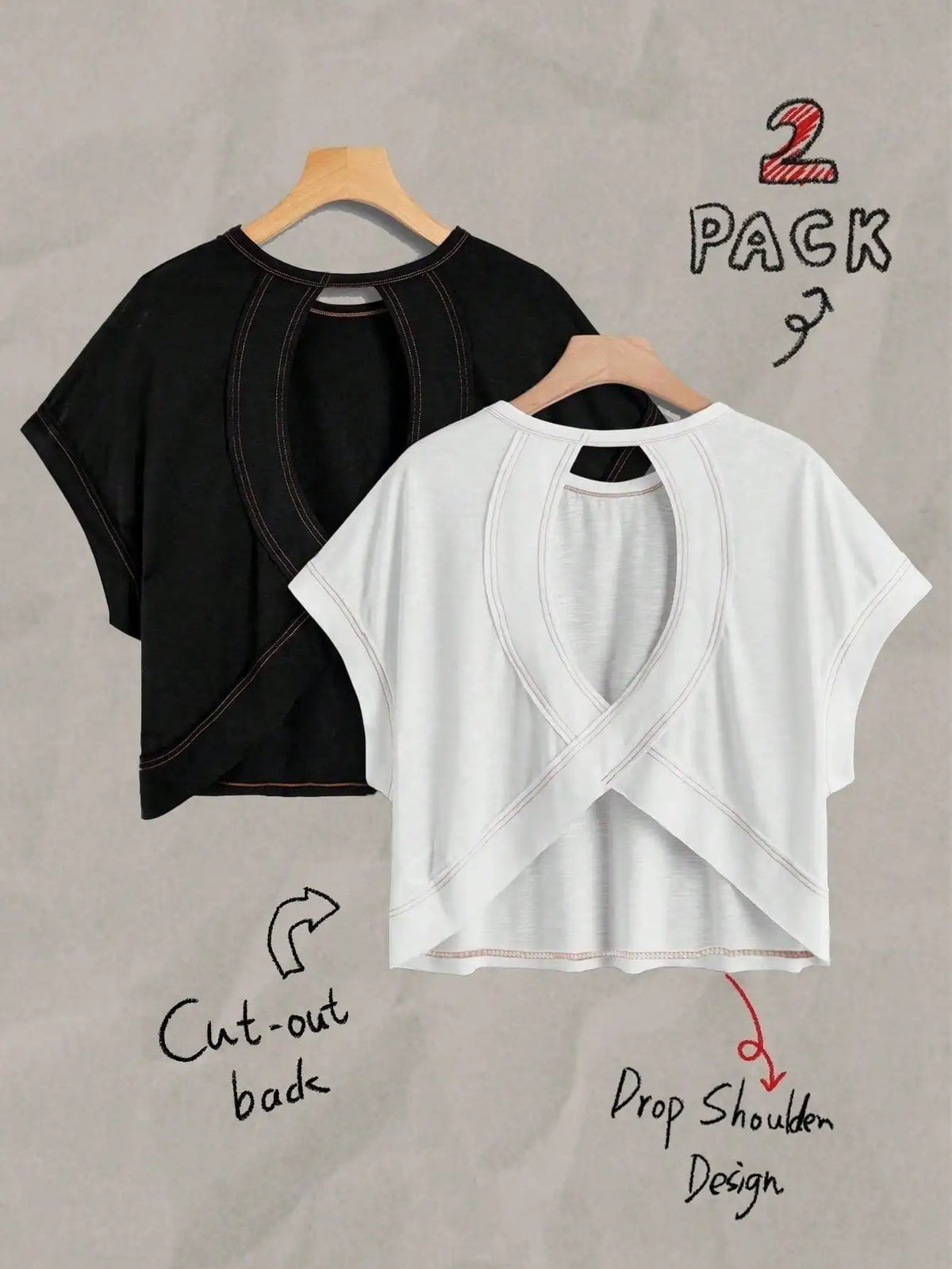 2-Pack Women's Cropped T-Shirt Set with Cut-Out Back & Drop Shoulder Design