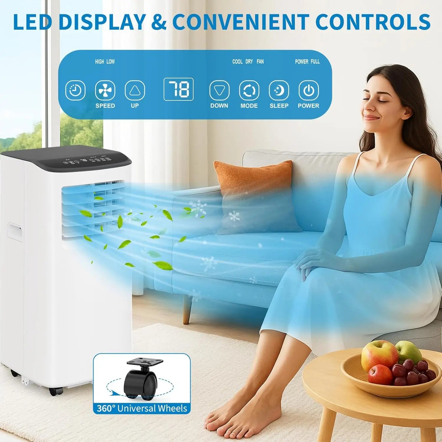 8,000 BTU Portable Air Conditioner, 3-in-1 Cooling,Dehumidifier & Fan,Quiet,Cools Rooms Up to 350 Sq.Ft with Remote,Sleep Mode