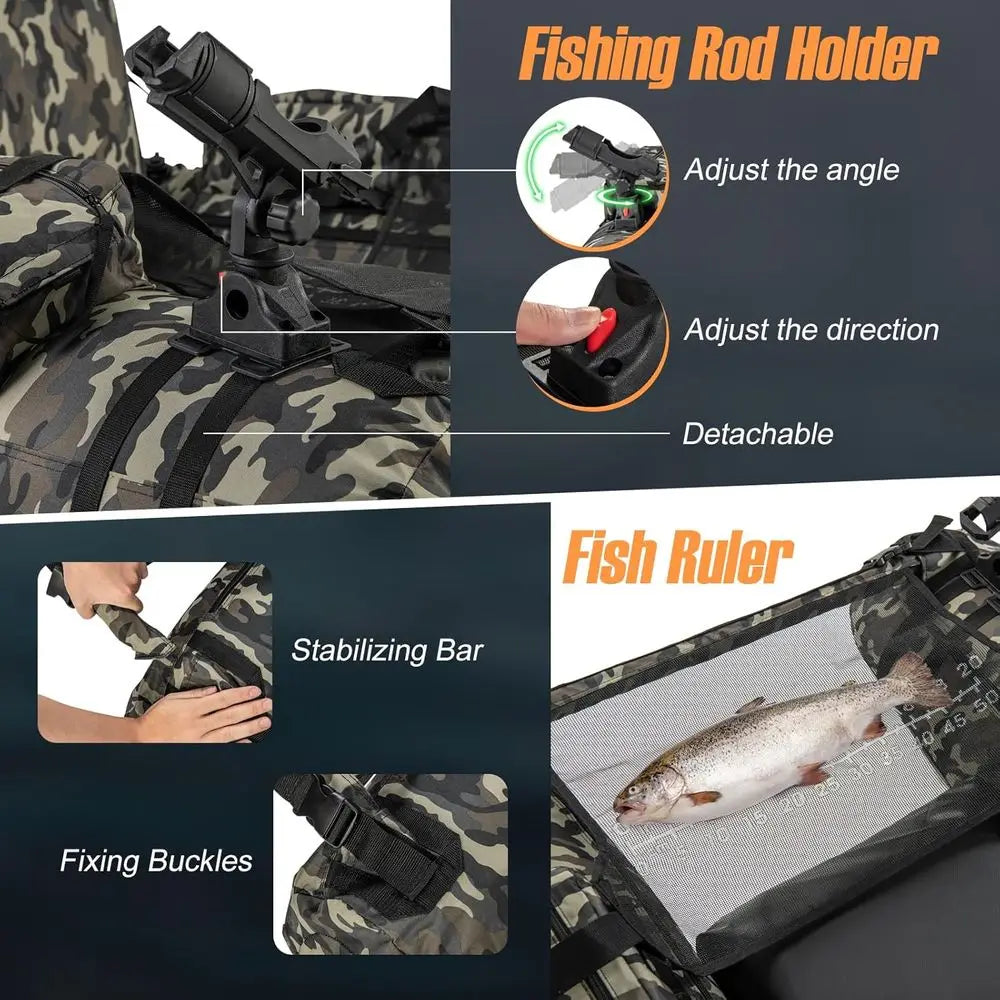Inflatable Belly Boat with Fish Ruler, Fishing Rod Holder, Pump, Storage Bag, Flippers & Adjustable Straps, Portable Backpack Fl