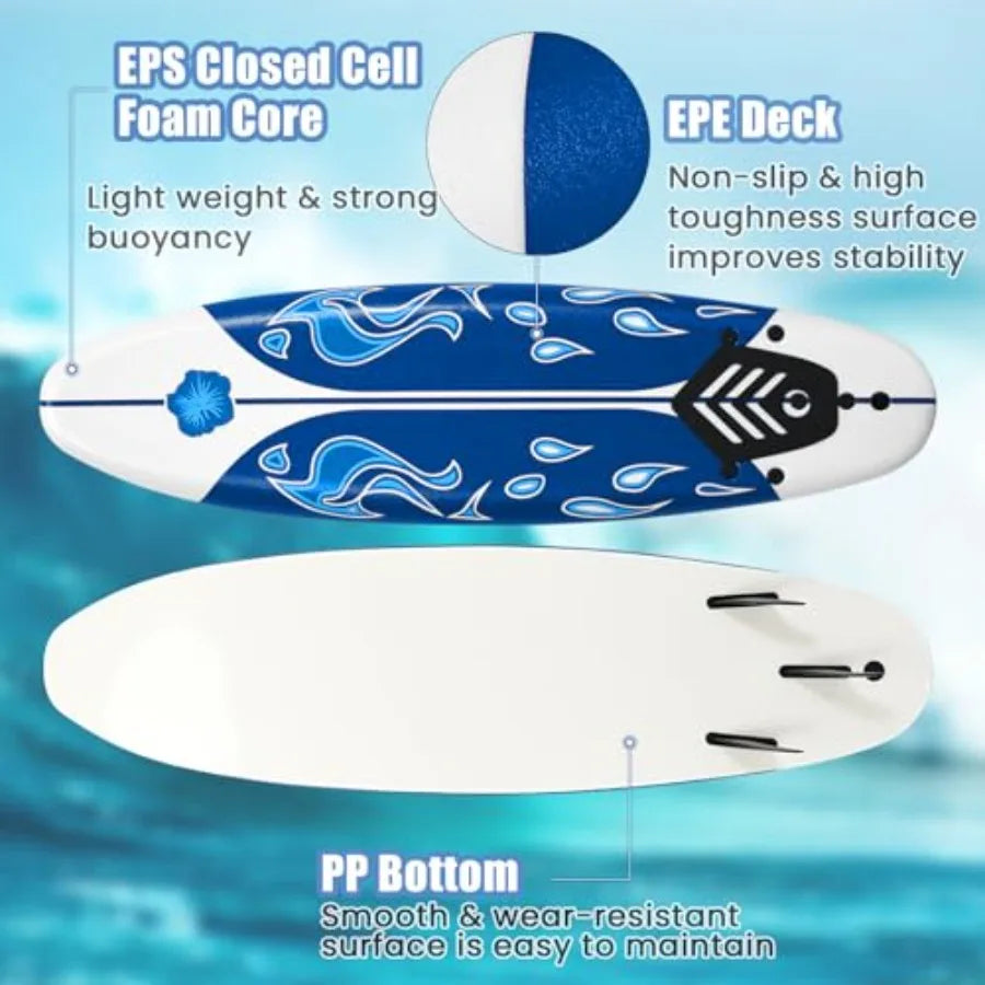 6' Surfboard Surfing Board with 3 Removable Fins Safety Leash EPS Core and EPE Deck Lightwght Surf Board for Teenagers Adults B