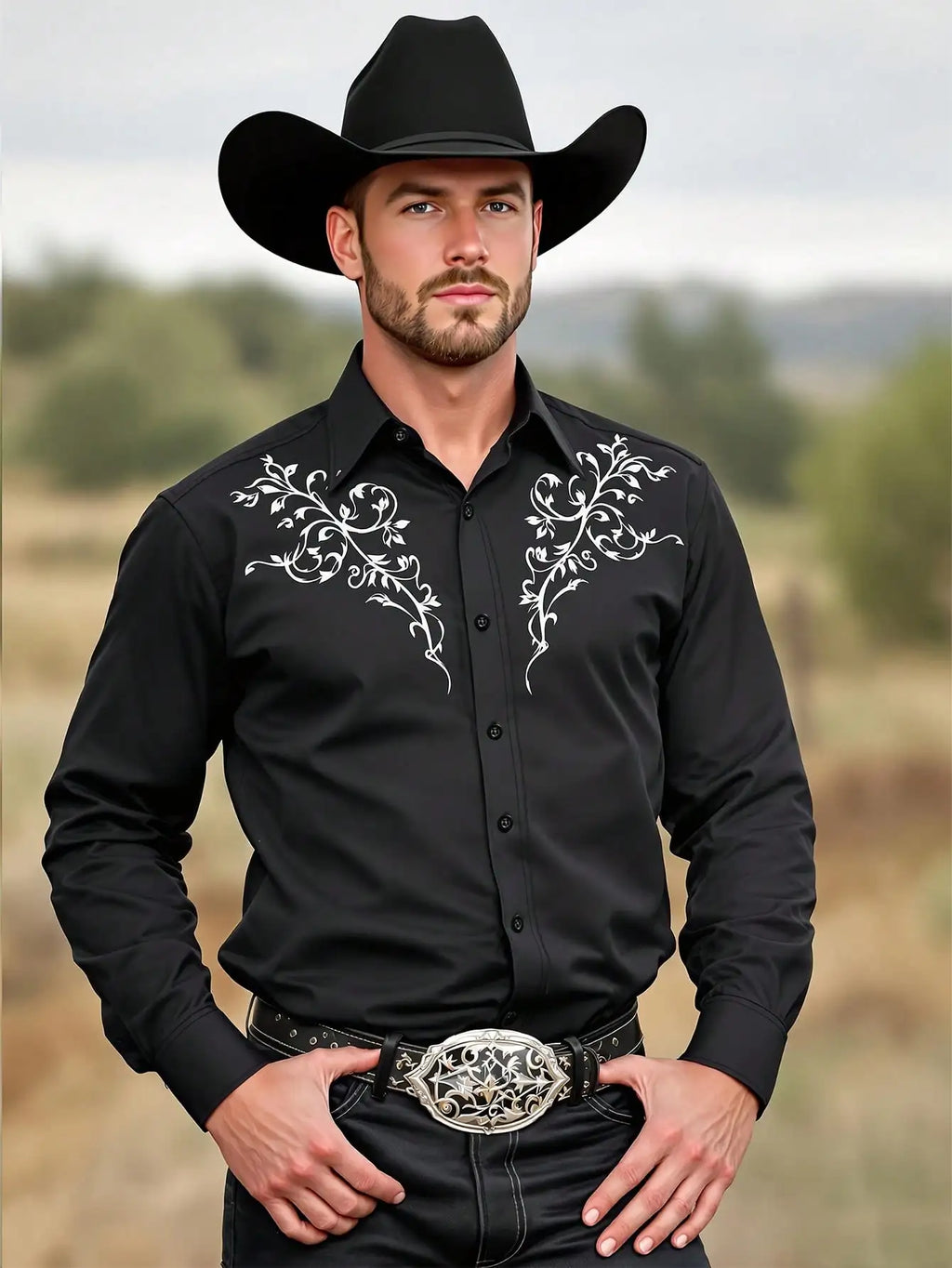 Men's Black Long Sleeve Western-Style Shirt with White Floral Embroidery