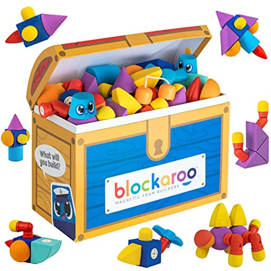 Magnetic Foam Building Blocks 100-Piece Set with Storage Chest for Toddlers 3-5 Soft Sensory Toys in Pastel Colors Non-Toxic Ed