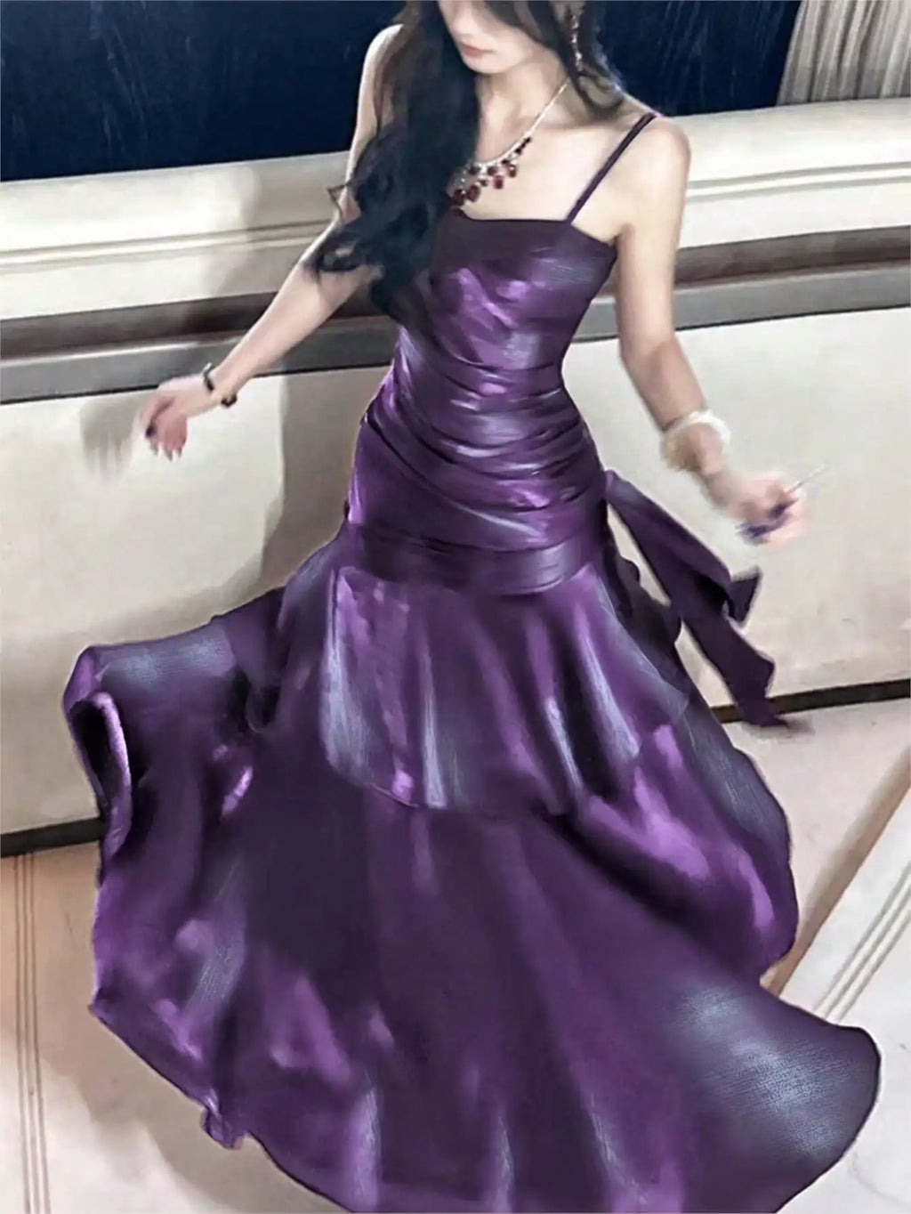 Burgundy Satin Mermaid Dress with Ruched Bodice and Spaghetti Straps for Formal Events