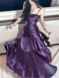 Burgundy Satin Mermaid Dress with Ruched Bodice and Spaghetti Straps for Formal Events