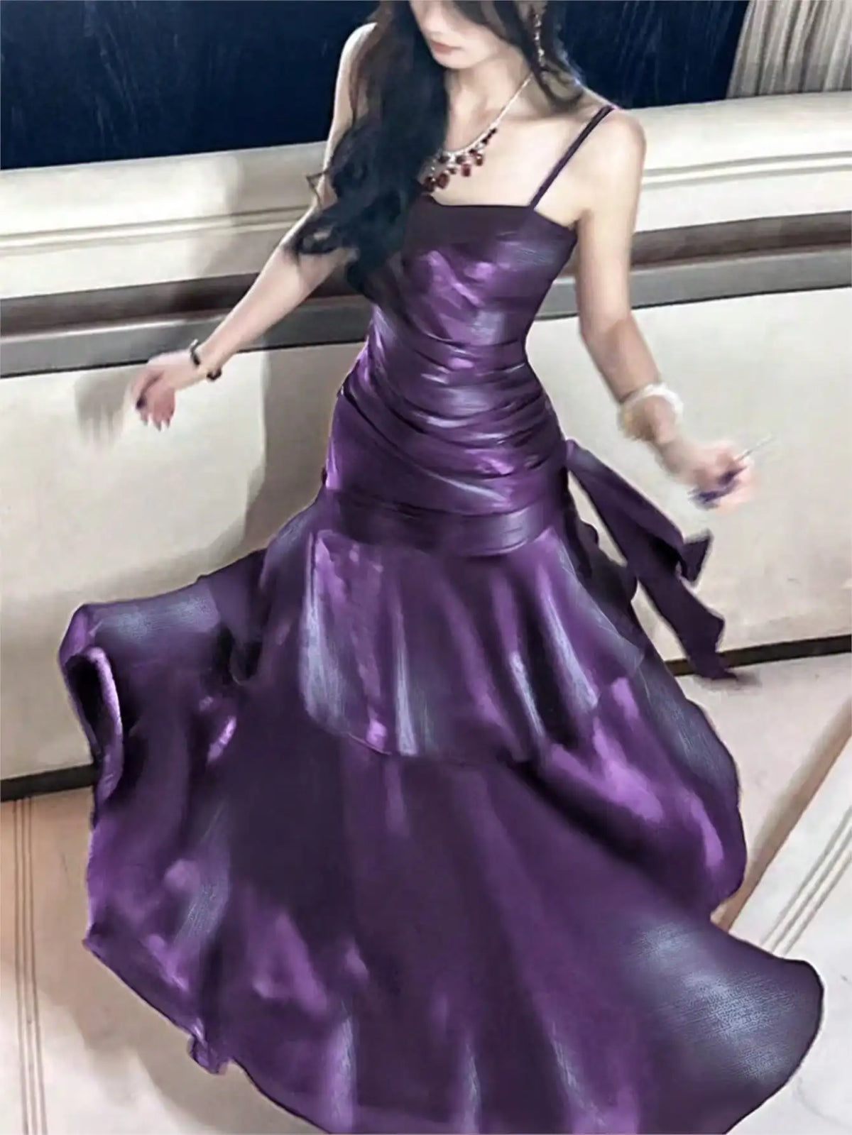 Burgundy Satin Mermaid Dress with Ruched Bodice and Spaghetti Straps for Formal Events