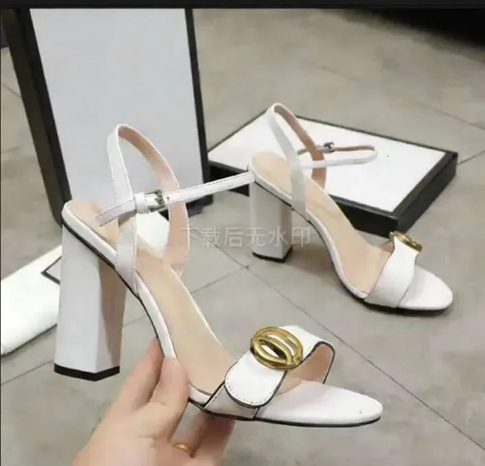 Designer Sandals Luxury Leather Party Fashion Metal Double Button High Heels Summer Sexy Open toed Women Thick Heel Dress shoe