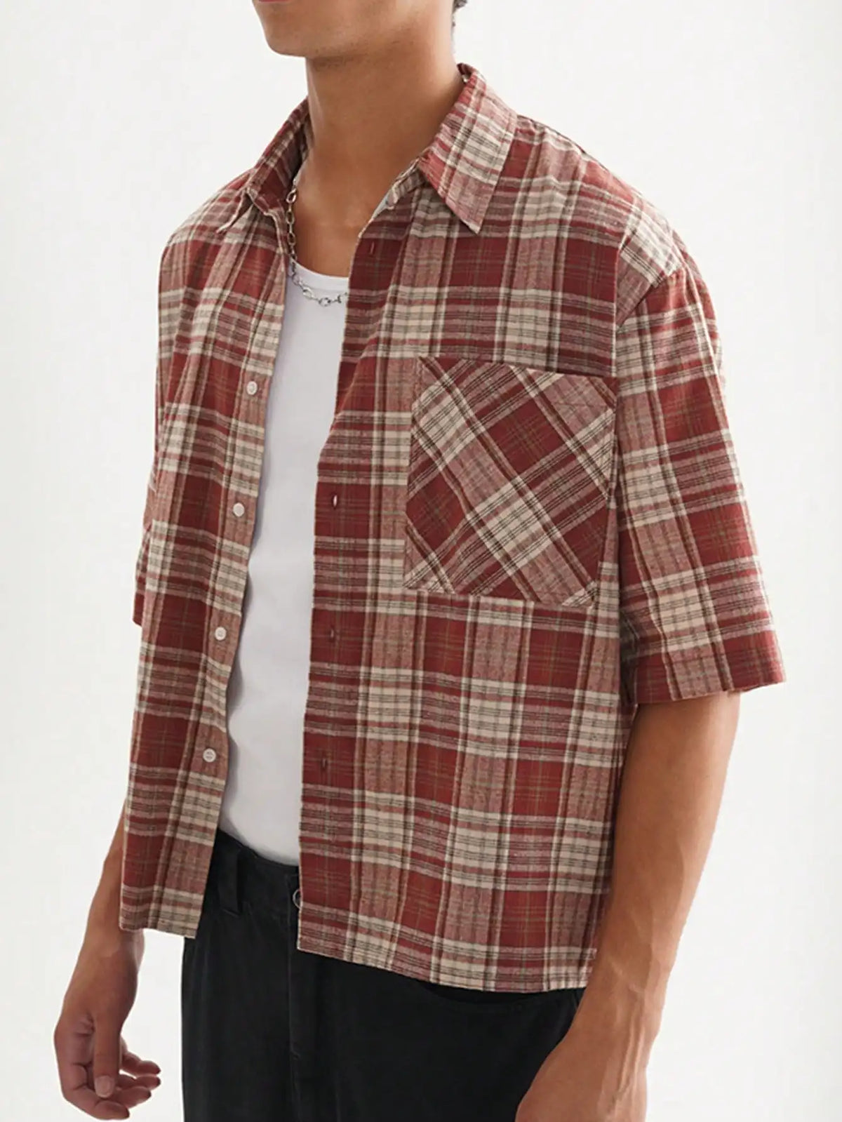 Men's Loose Fit Short Sleeve Plaid Shirt with Button Front