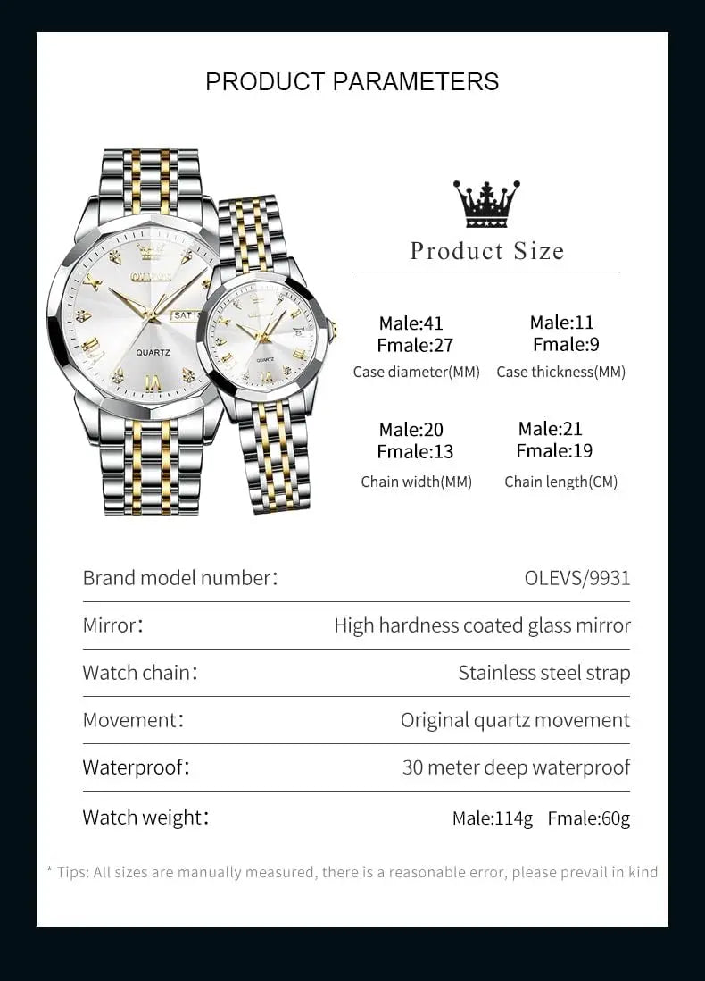 Valentine's Couple Watches Set, Luminous Calendar Date, 3ATM Waterproof Stainless Steel for Men and Women Romantic Gifts