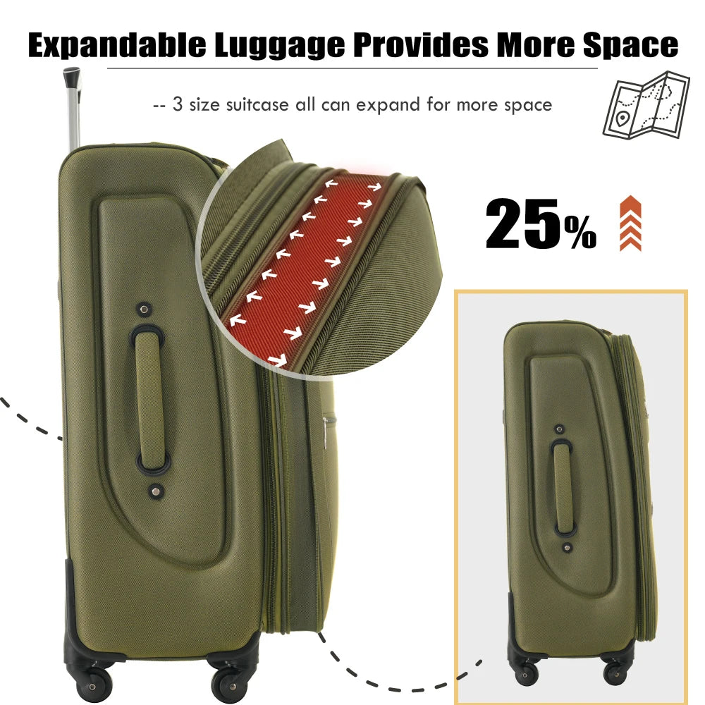 22/26/30 Inch Softside Expandable Travel Luggage Set 3Pcs Upright Spinner Wheels Lightweight Softshell Suitcase