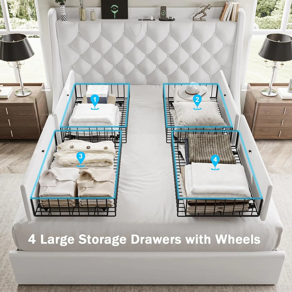 Full Bed Frame With 4 Storage Drawers, Huge Upholstered Wingback Headboard, Fast Charging Station, No Box Spring, Customized