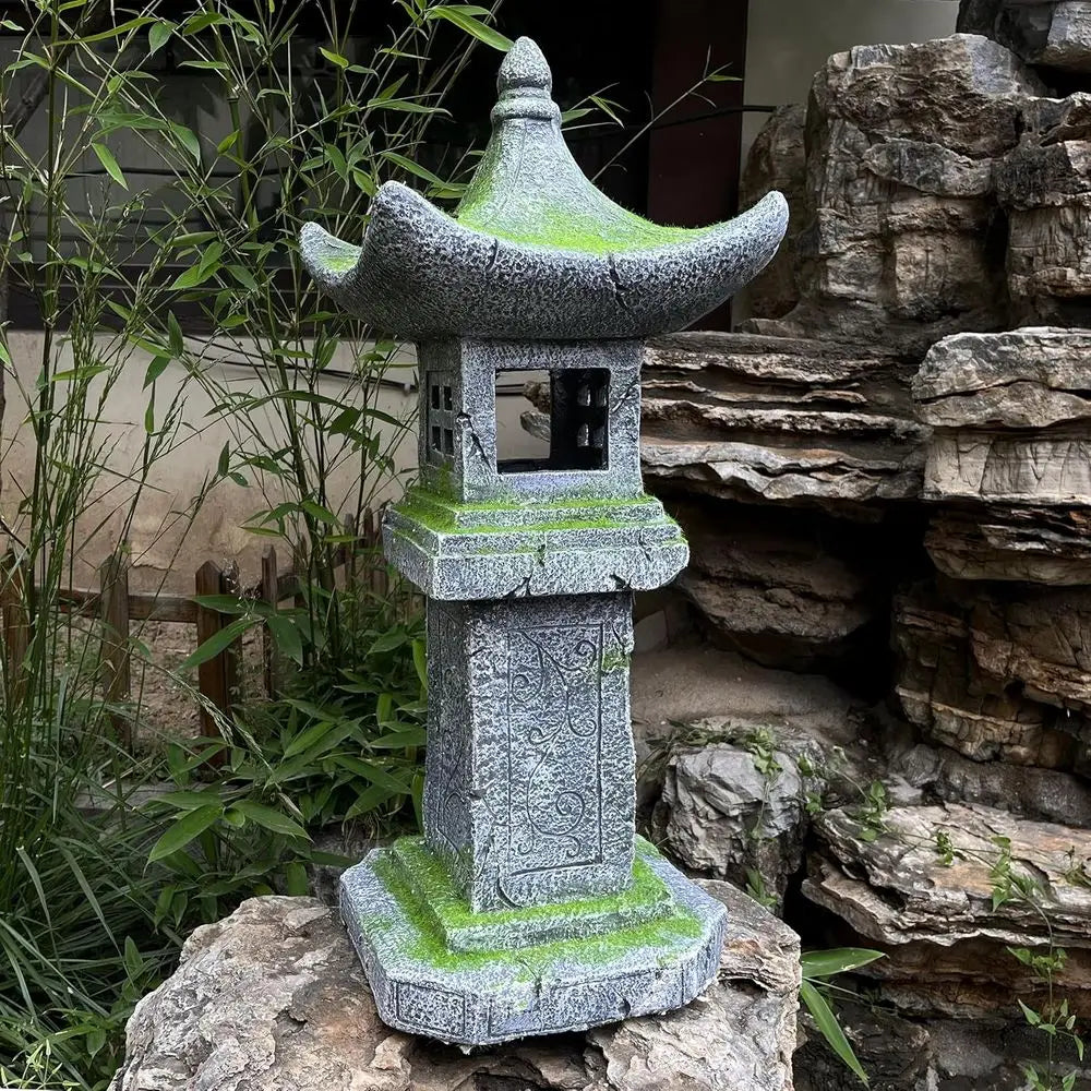 31.5’’High Japanese Pagoda Statue Moss-Covered Retro Miniature Tower Lantern Garden Decoration igurines Outdoor Asian Decoration