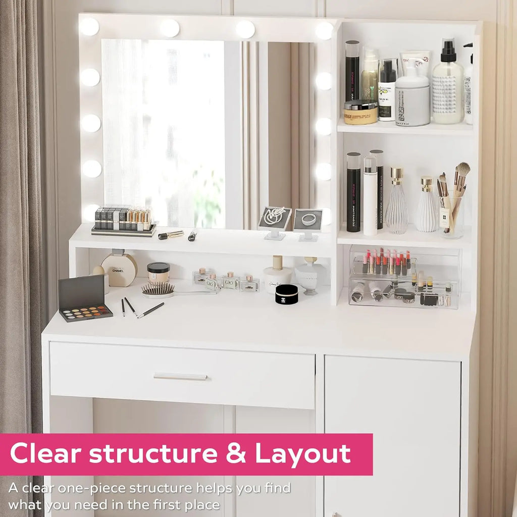 White Vanity Desk With Mirror Light Large Drawer Three Tier Storage Dresser Three Adjustable Lighting Modes Brightness Bedroom D