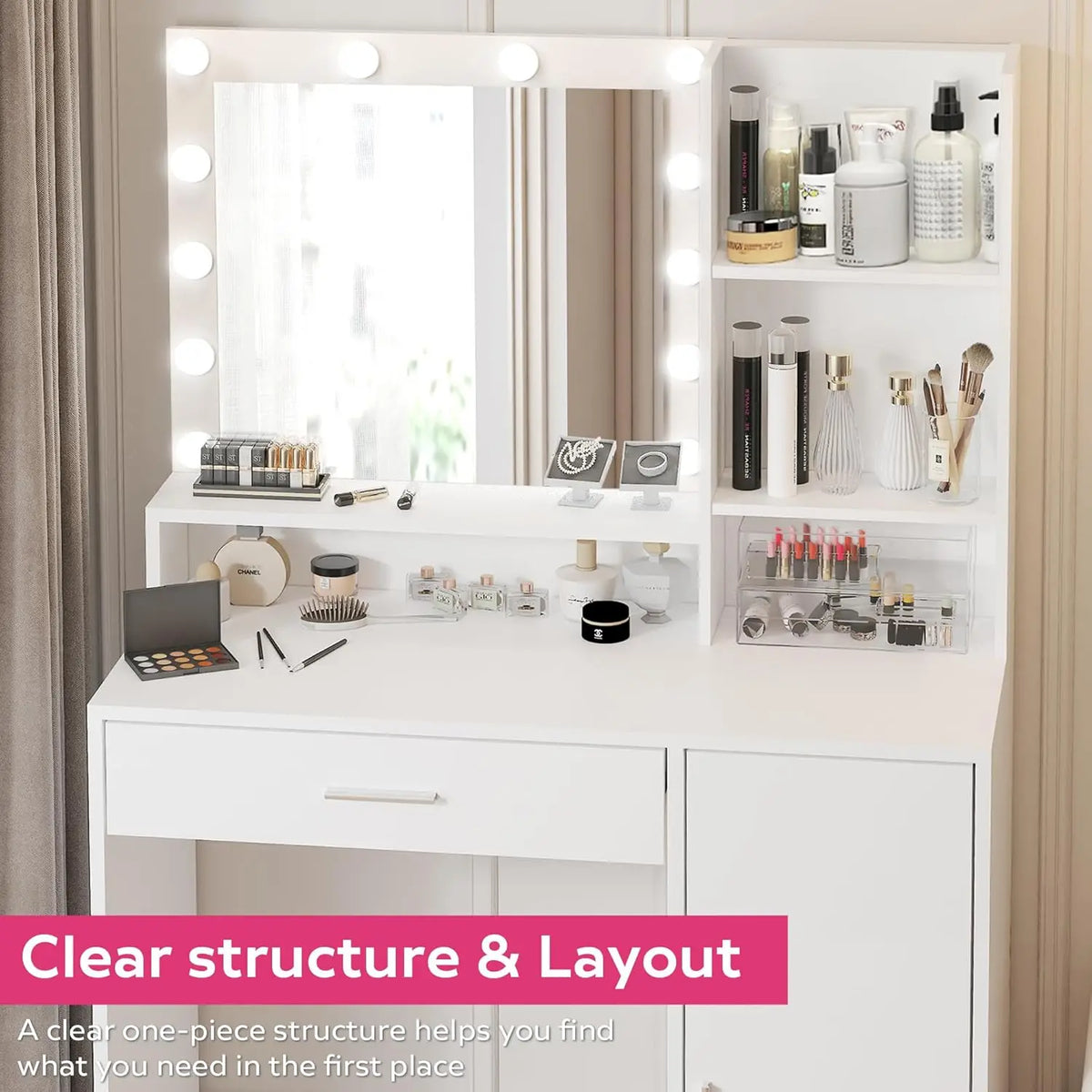 White Vanity Desk With Mirror Light Large Drawer Three Tier Storage Dresser Three Adjustable Lighting Modes Brightness Bedroom D