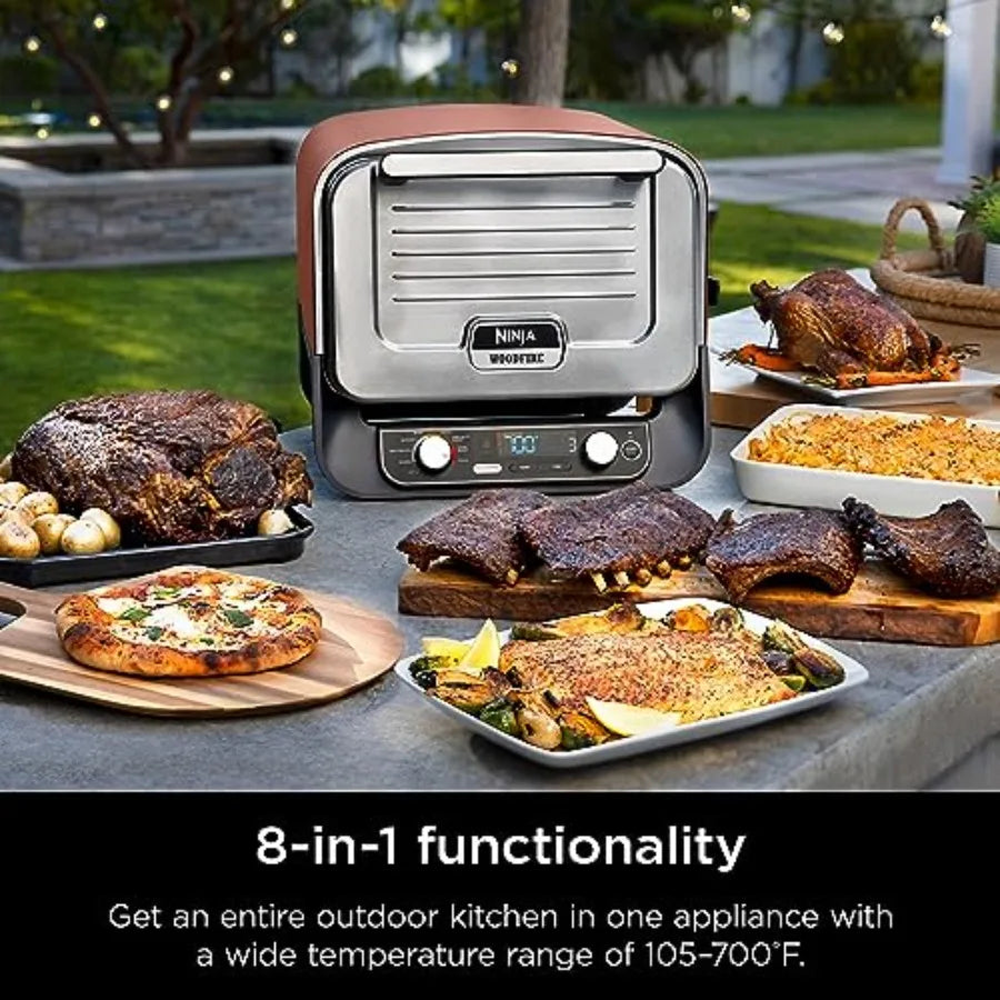 Woodfire Outdoor Pizza Oven 8-in-1 Portable Electric Roaster Oven Heats up to 700F with 5 Artisan Pizza Settings Integrated BBQ